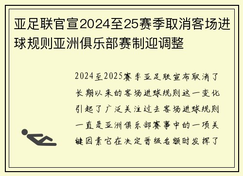 亚足联官宣2024至25赛季取消客场进球规则亚洲俱乐部赛制迎调整